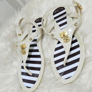 Henri Bendel Striped Goldtone Crest Jelly Ankle Strap Sandals Size 7🌴